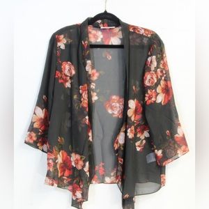 Serengeti Black Sheer Floral Open Front Cardigan Top Size Medium